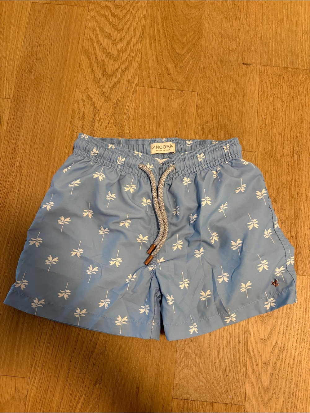Boys Ancora Light Blue Palm-Print Swim Trunks